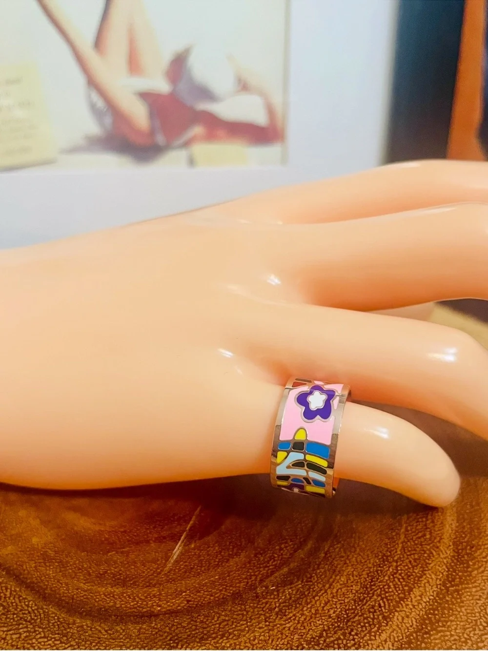 Colorful Enamel Rose Gold Filled Abstract Floral Retro Wide Band Ring NWOT